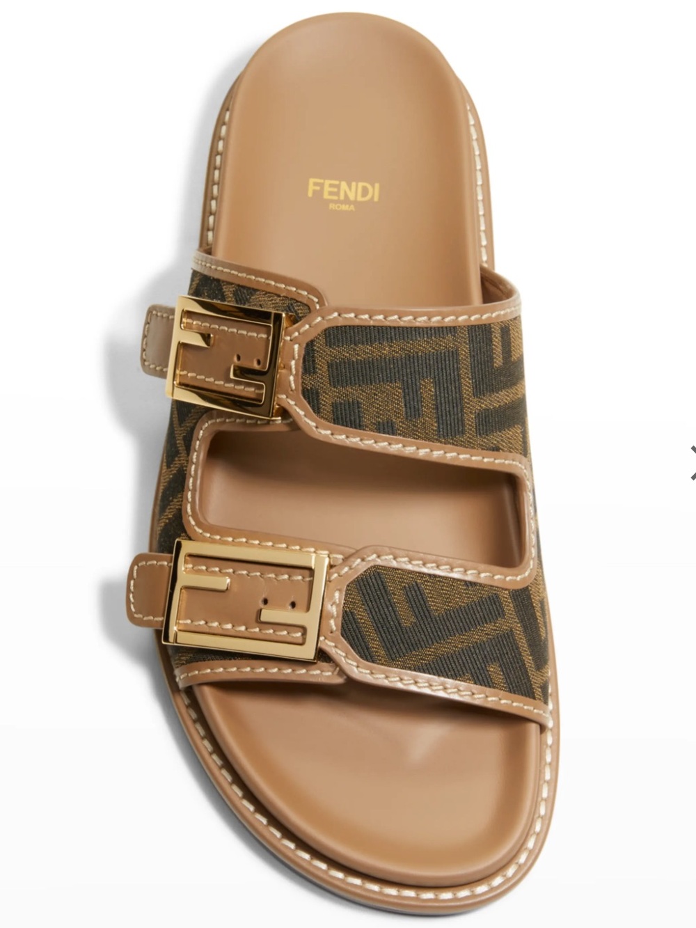 Fendi Brown Tan FF Logo Buckle Slide Sandals
